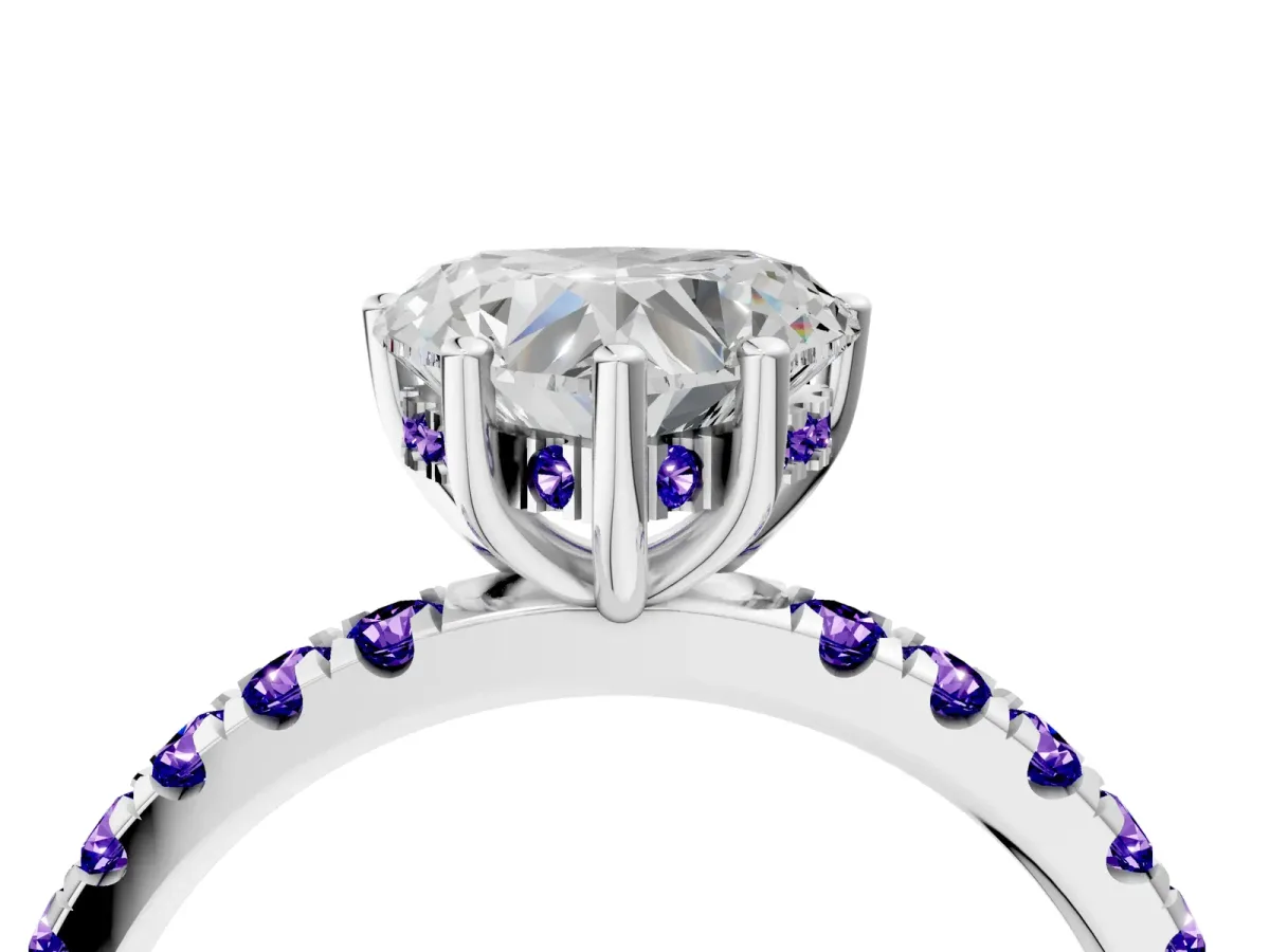 Heart Cut Diamond Pave Band Solitaire Ring with Round Tanzanite and Prong Setting Silver
