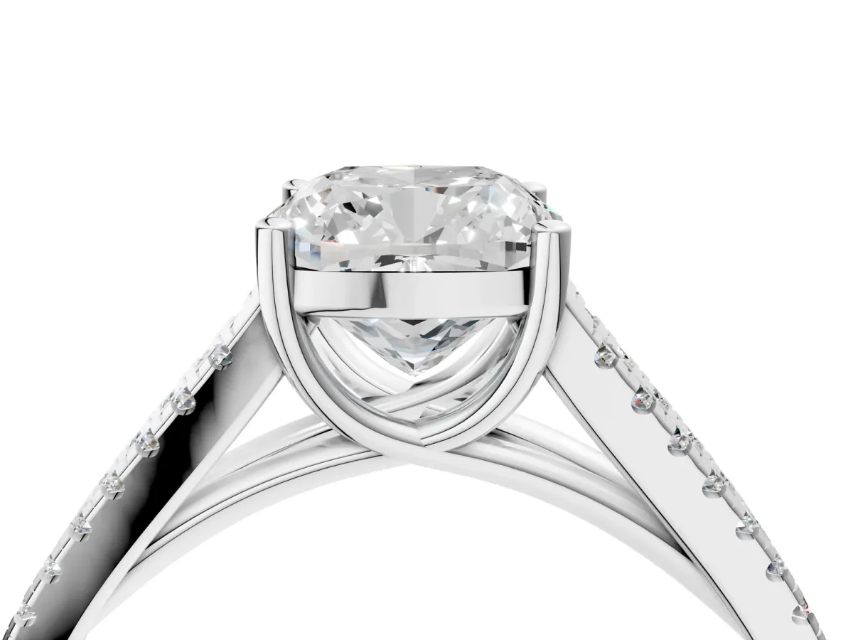 Cushion Cut Diamond Solitaire Engagement Ring with Split Shank Pavé Band Silver