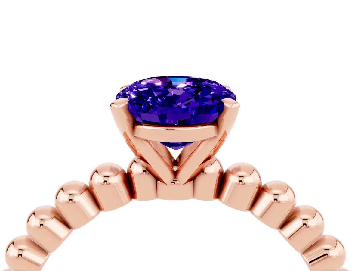 Oval Cut Tanzanite Solitaire Ring with Beaded Band and Prong Setting Rose gold