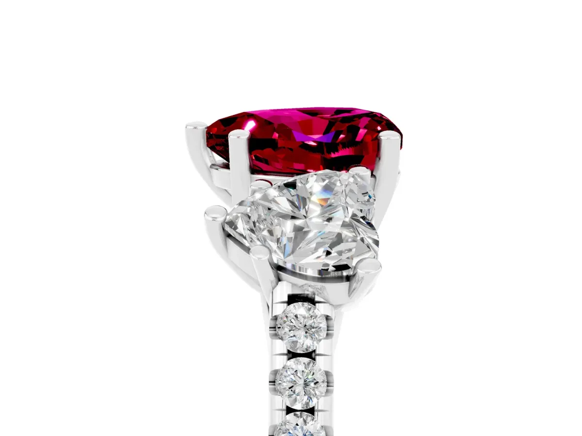 Three-Stone Heart Cut Garnet Ring with Round Pavé Band and Prong Setting Silver