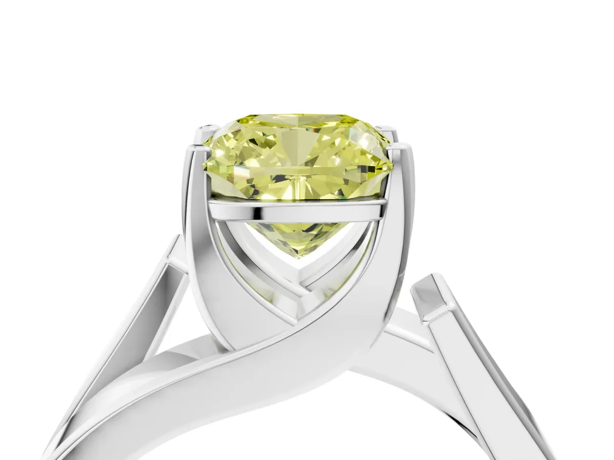 Fancy Yellow Modern Tension Set Cushion Cut Diamond Solitaire Wide Band Ring Silver