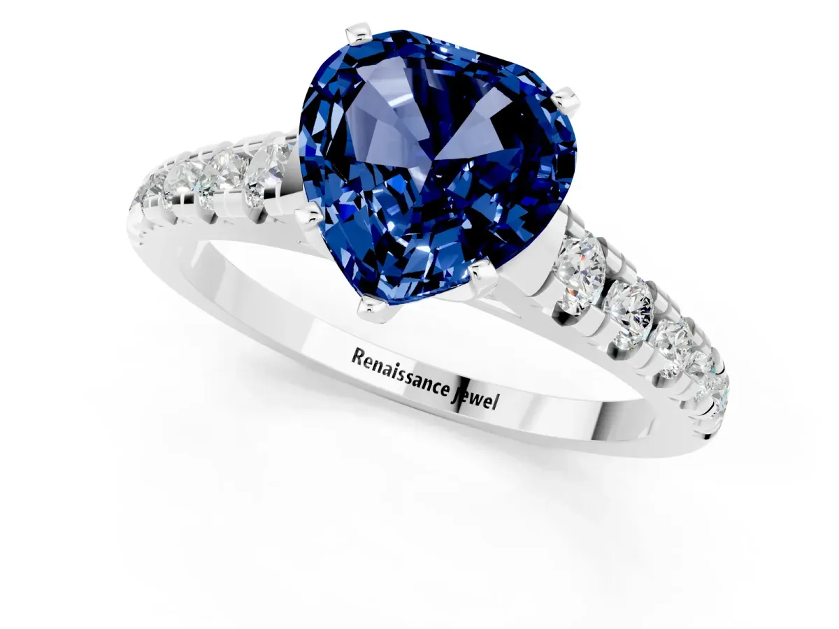 Heart Cut Blue Sapphire Cathedral Solitaire Ring with Round Pavé Band Silver