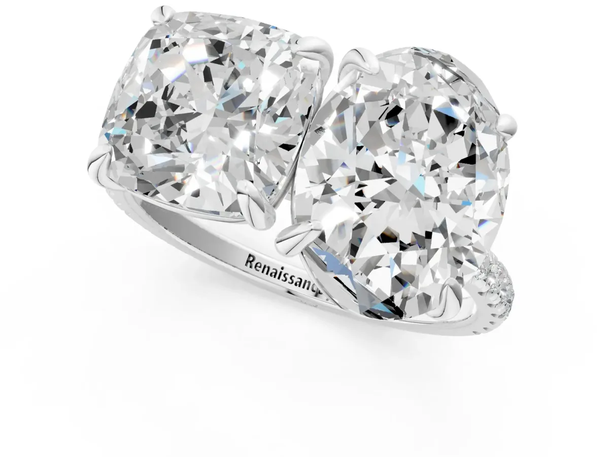 Oval and Cushion Toi Moi Ring with Prong Setting and Pave Band Silver