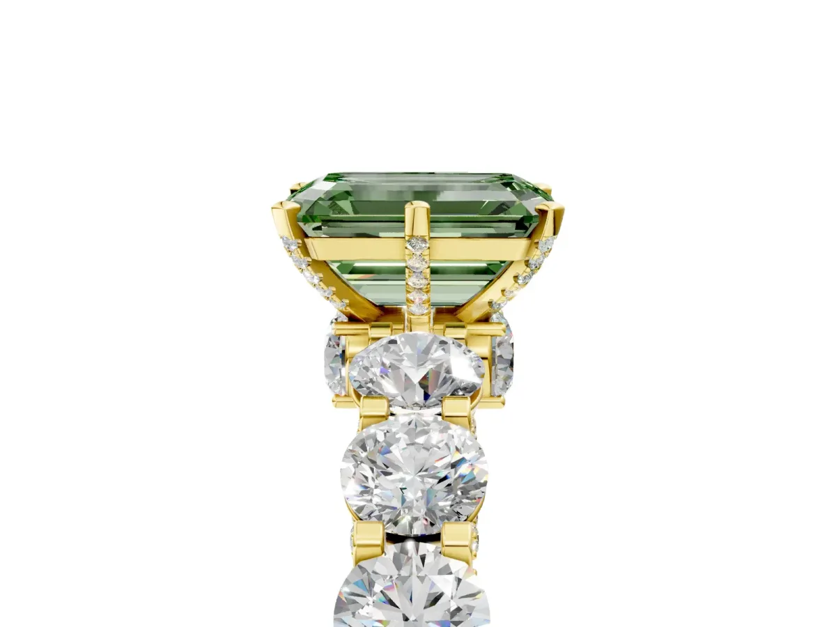 Fancy Green Emerald Cut Diamond Side Stone Engagement Ring with Four-Prong Setting Yellow gold