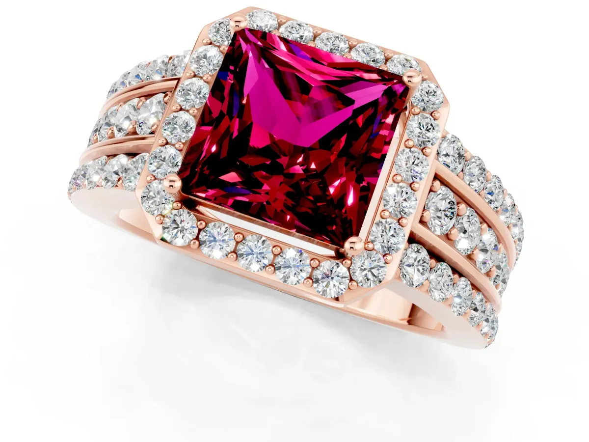 Princess Cut Halo Garnet Ring with Round Split Shank and Prong Setting Rose gold