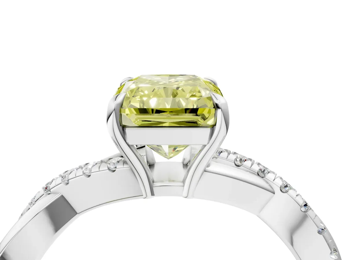 Fancy Yellow Radiant Cut Cut Diamond Twisted Band with Pavé Setting and Four-Prong Setting Platinum