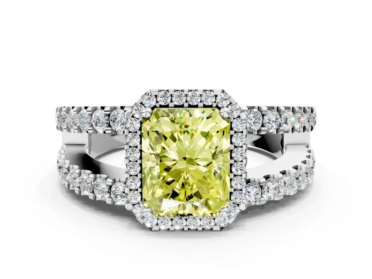 Fancy Yellow Radiant Cut Cut Halo Split Shank Diamond Ring with Four-Prong Setting Platinum