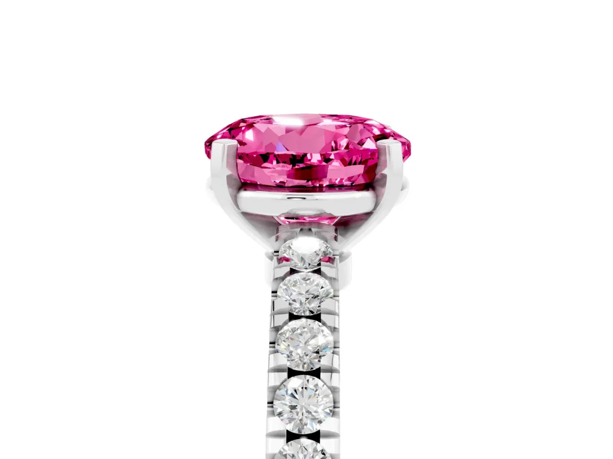 Round Cut Solitaire Pink Sapphire with Pavé Band and Four-Prong Setting Silver
