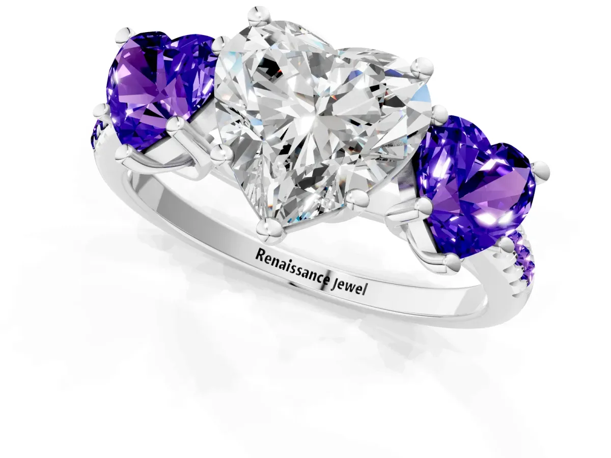 Three-Stone Heart Cut Diamond Ring with Round Tanzanite Pavé Band and Prong Setting Silver
