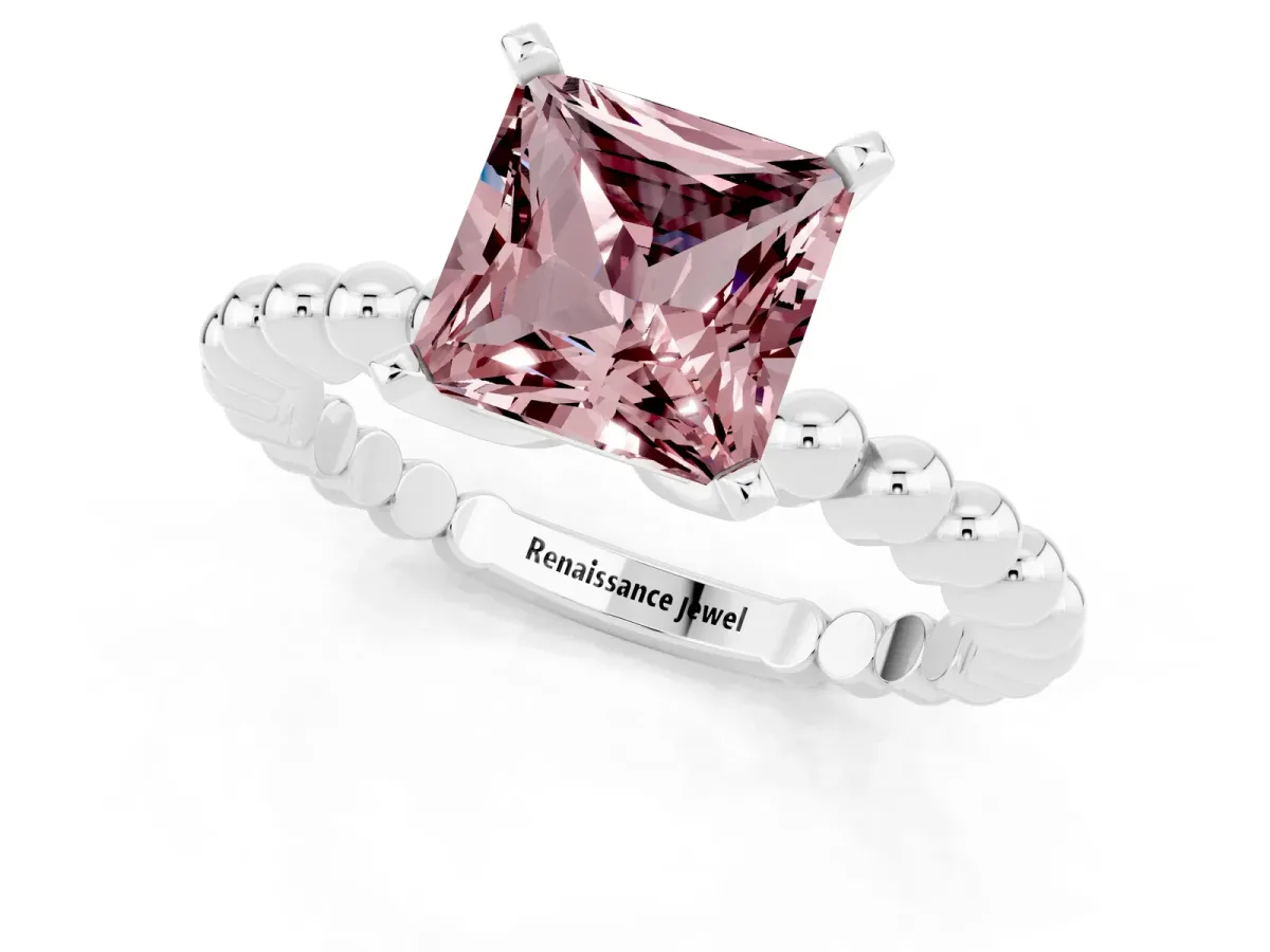 Princess Cut Morganite Solitaire Ring with Beaded Band and Prong Setting Silver