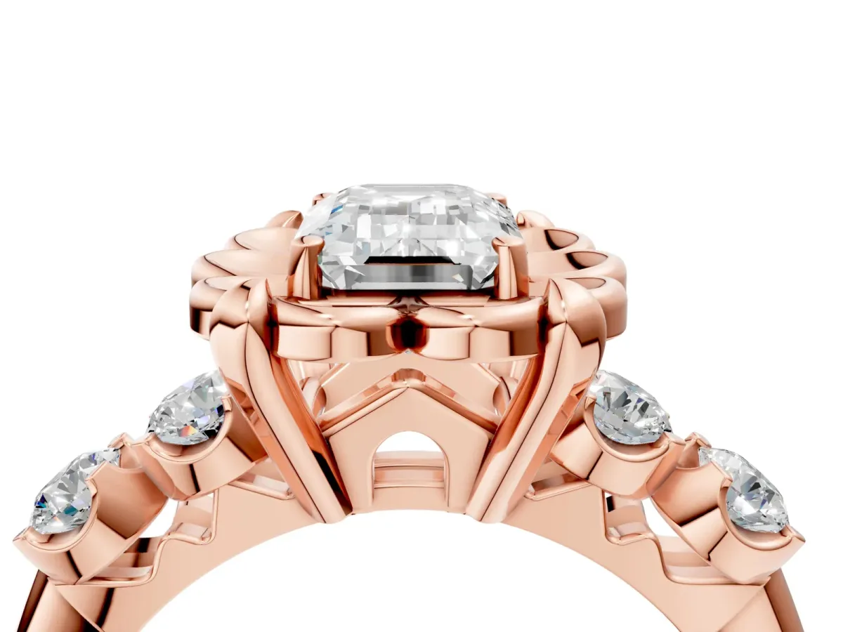 Emerald Cut Cut Diamond Floral Halo Engagement Ring with Shared Prong Setting Rose gold