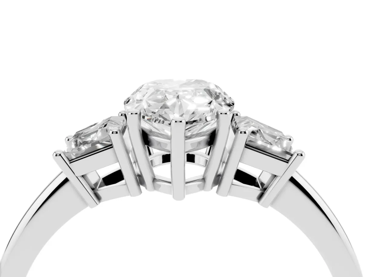 Pear Cut Diamond Three-Stone Ring with Trapezoid Side Stones and Prong Setting Platinum