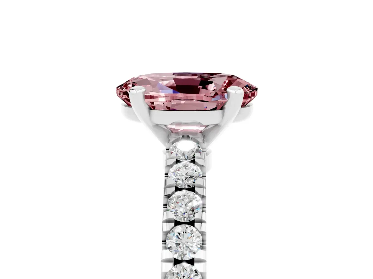Oval Cut Solitaire Morganite with Pavé Band and Four-Prong Setting Silver