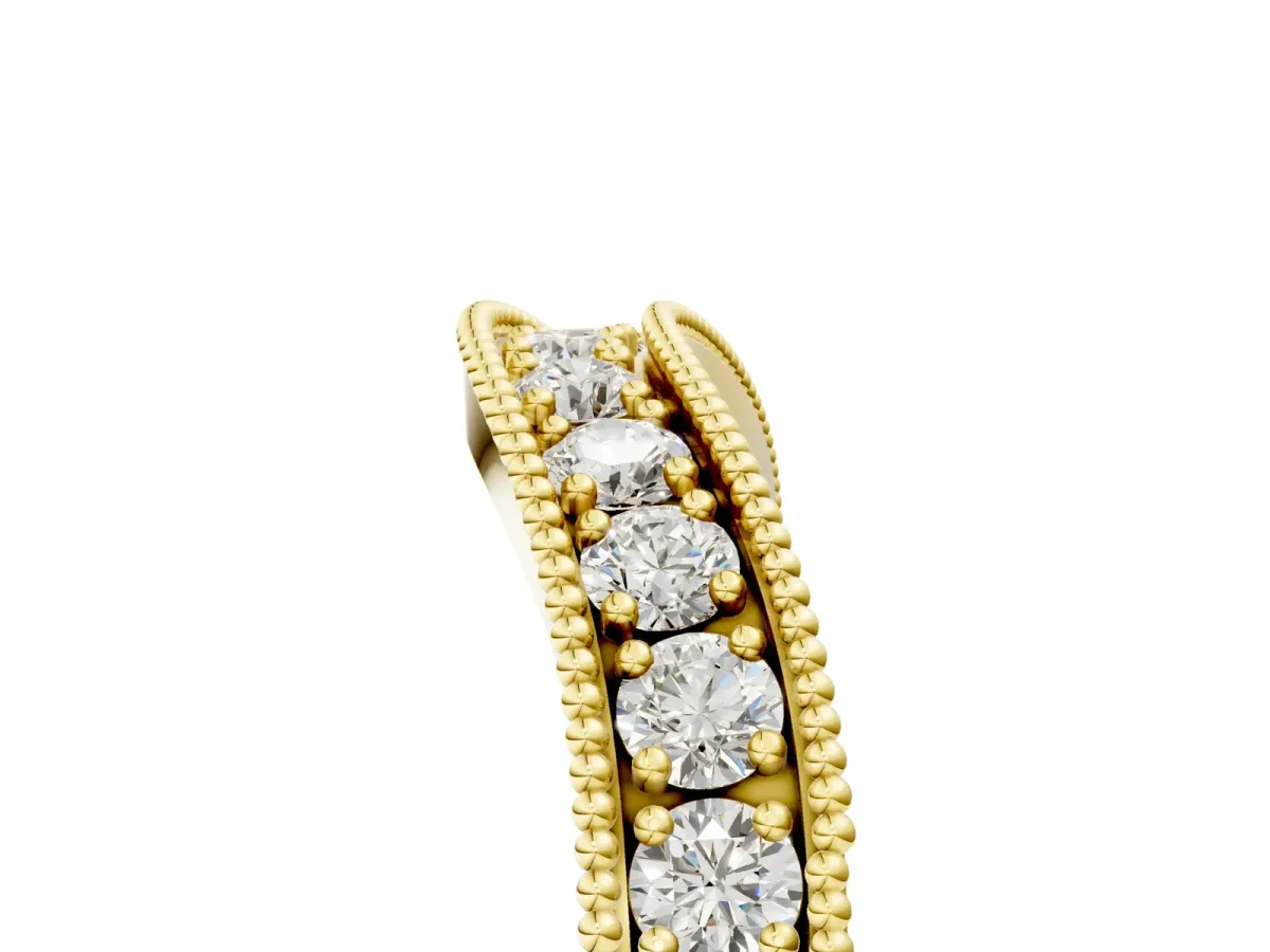 Round Diamond Milgrain Contour Wedding Band with Pavé Setting Yellow gold