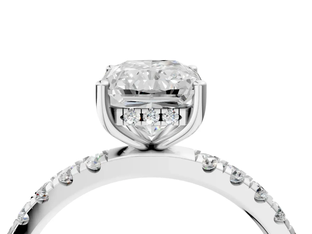 Radiant Cut Diamond Pave Band Solitaire Ring with Round and Prong Setting Platinum