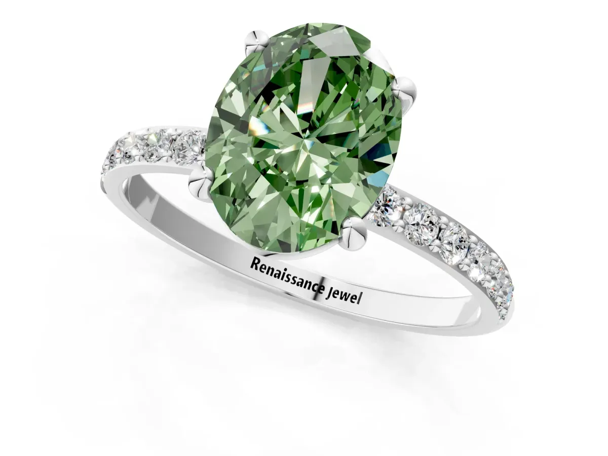 Fancy Green Oval Cut Diamond Solitaire Ring with Round Pavé Band and Prong Setting Silver