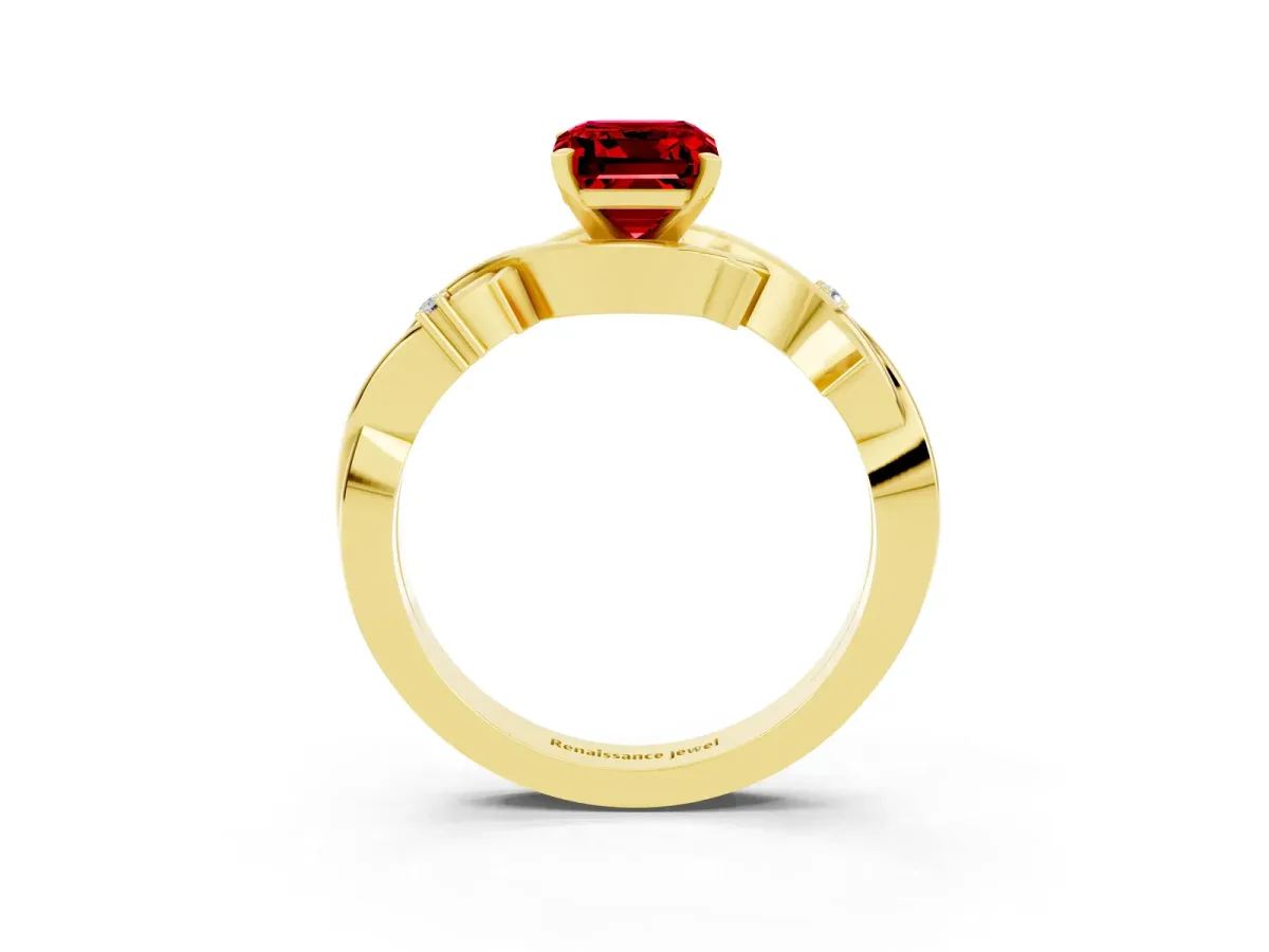 Emerald Cut Ruby Solitaire Ring with Twisted Band and Prong Setting Yellow gold