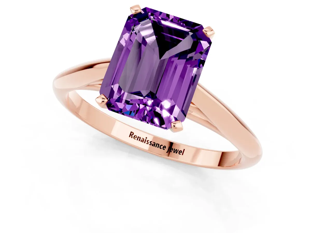 Emerald Cut Amethyst Solitaire Engagement Ring with Cathedral Setting and Four-Prong Mount Rose gold