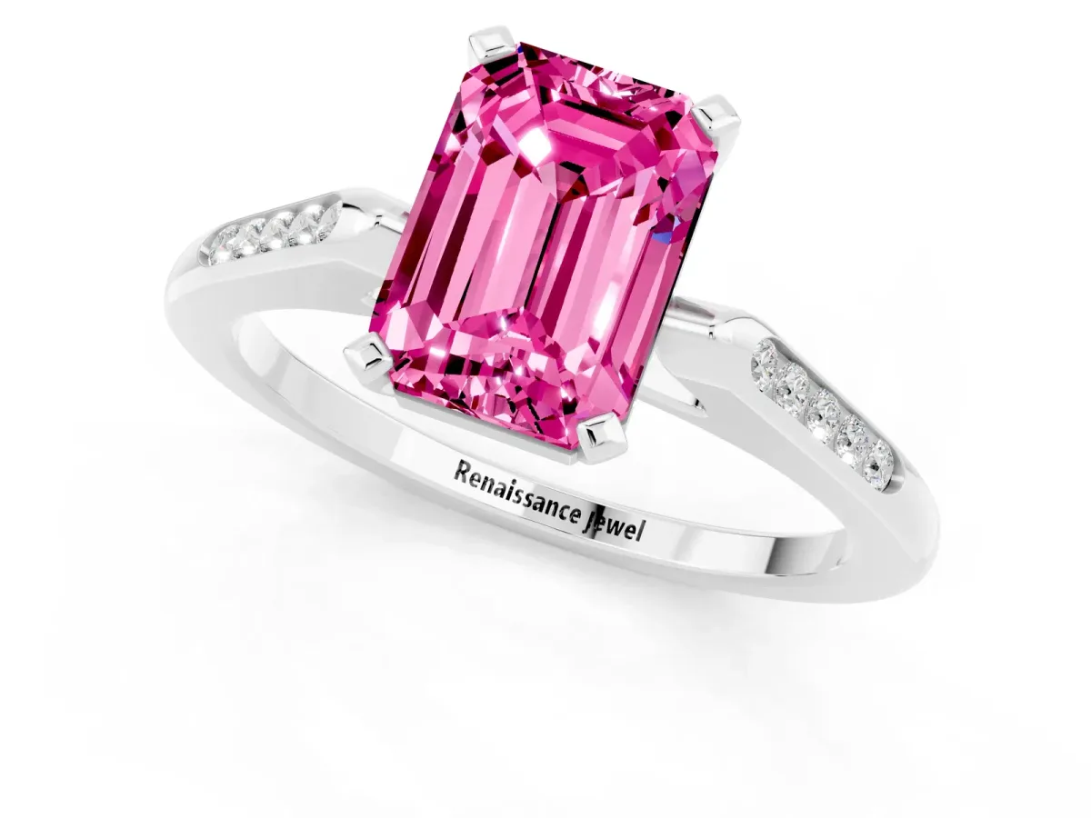 Emerald Cut Pink Sapphire Solitaire Ring with Channel Set Round Band and Prong Setting Silver