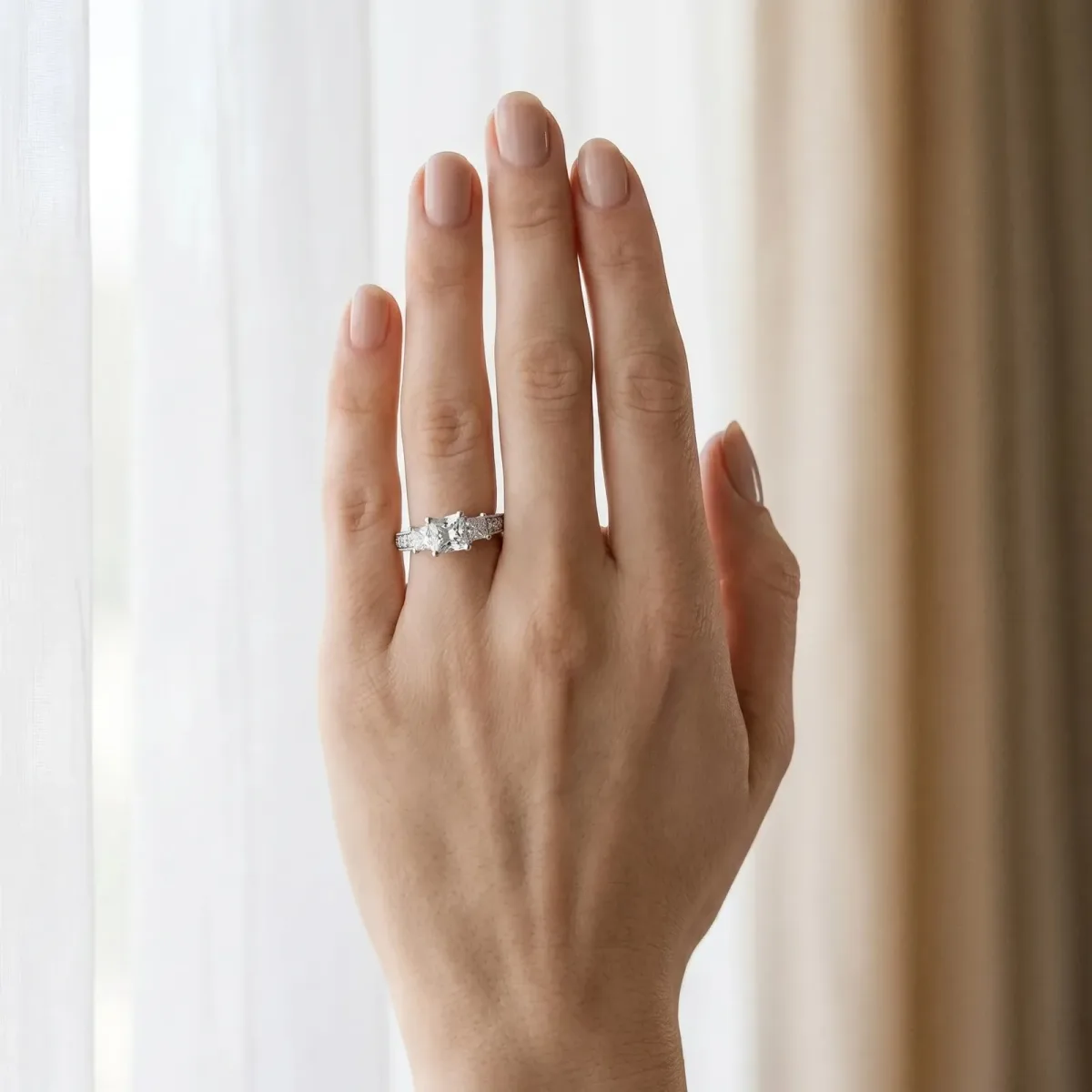 Three-Stone Asscher Cut Cut Milgrain Pavé Engagement Ring Platinum