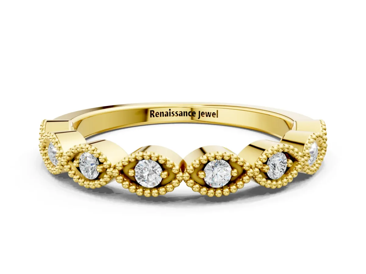 Milgrain Marquise Tanzanite Half Eternity Band with Bezel Setting Yellow gold
