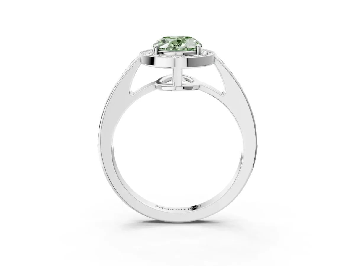 Fancy Green Oval Cut Halo Pavé Diamond Engagement Ring with Bezel Setting Silver