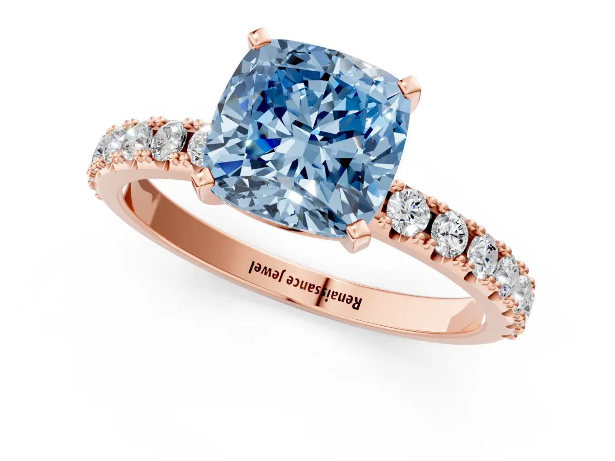 Fancy Blue Cushion Cut Diamond Solitaire Pavé Band with Four-Prong Setting Rose gold
