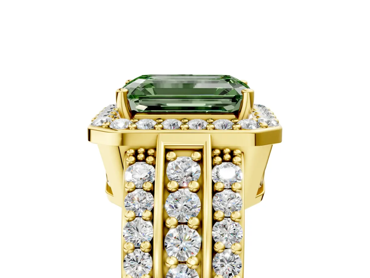 Fancy Green Emerald Cut Halo Diamond Ring with Round Split Shank and Prong Setting Yellow gold