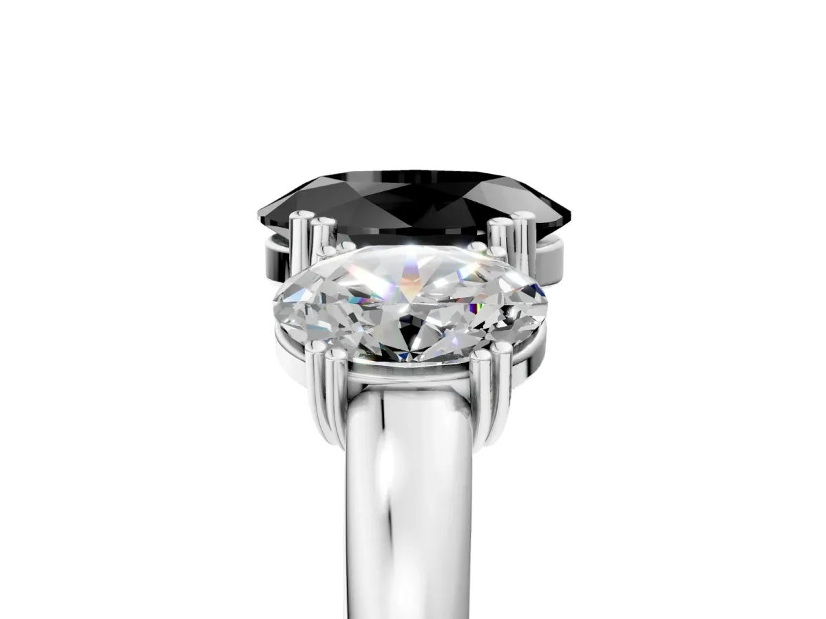 Fancy Black Three-Stone Oval Cut Cut Diamond Ring with Channel Set Band and Four-Prong Setting Silver