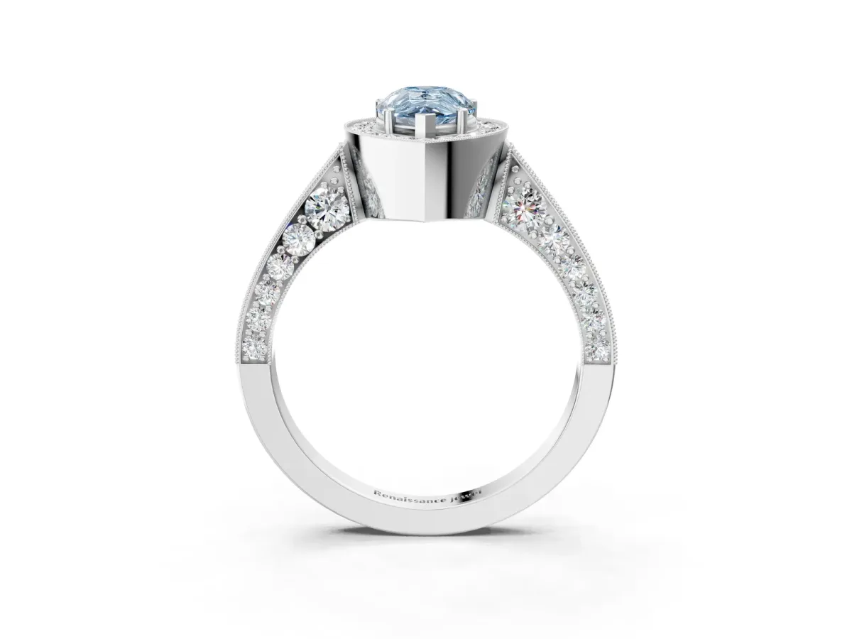 Fancy Blue Pear Cut Halo Diamond Engagement Ring with Split Shank Band and Four-Prong Setting Platinum