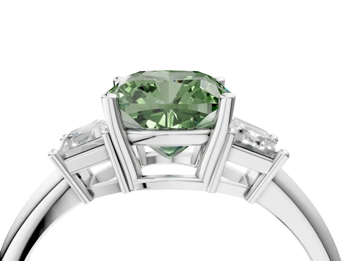 Fancy Green Cushion Cut Diamond Three-Stone Ring with Trapezoid Side Stones and Prong Setting Silver