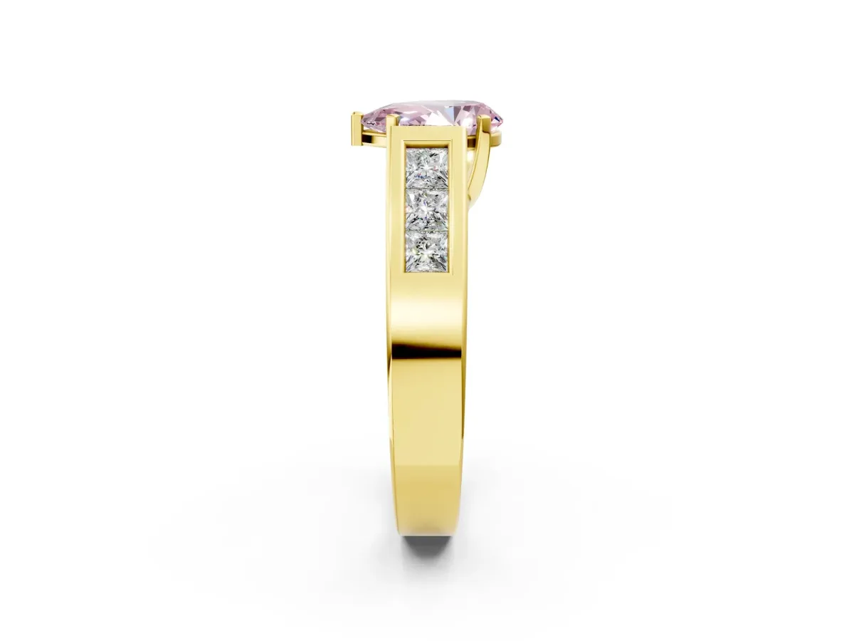Fancy Pink Pear Cut Cut Channel Set Solitaire Ring with Four-Prong Setting Yellow gold