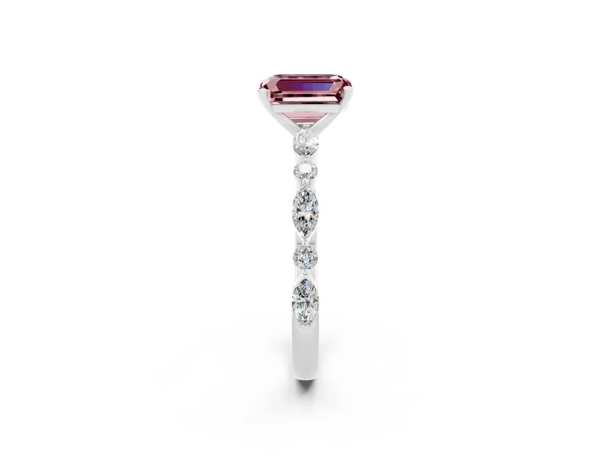 Emerald Cut Morganite Ring with Marquise and Round Side Stones and Four-Prong Setting Silver