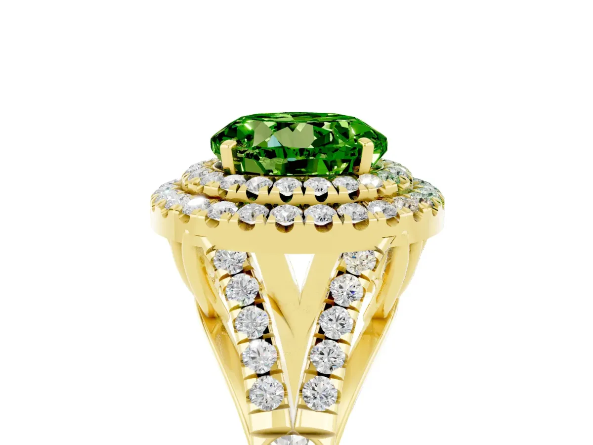 Round Cut Peridot Double Halo Ring with Split Shank and Prong Setting Yellow gold
