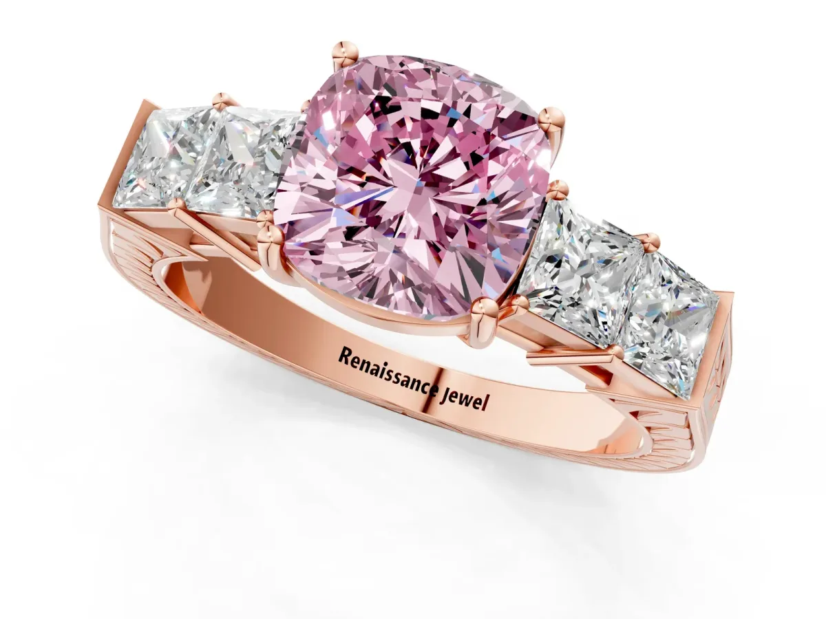 Fancy Pink Cushion Cut Solitaire Princess Side Stone Engraved Band Prong Setting Ring Rose gold