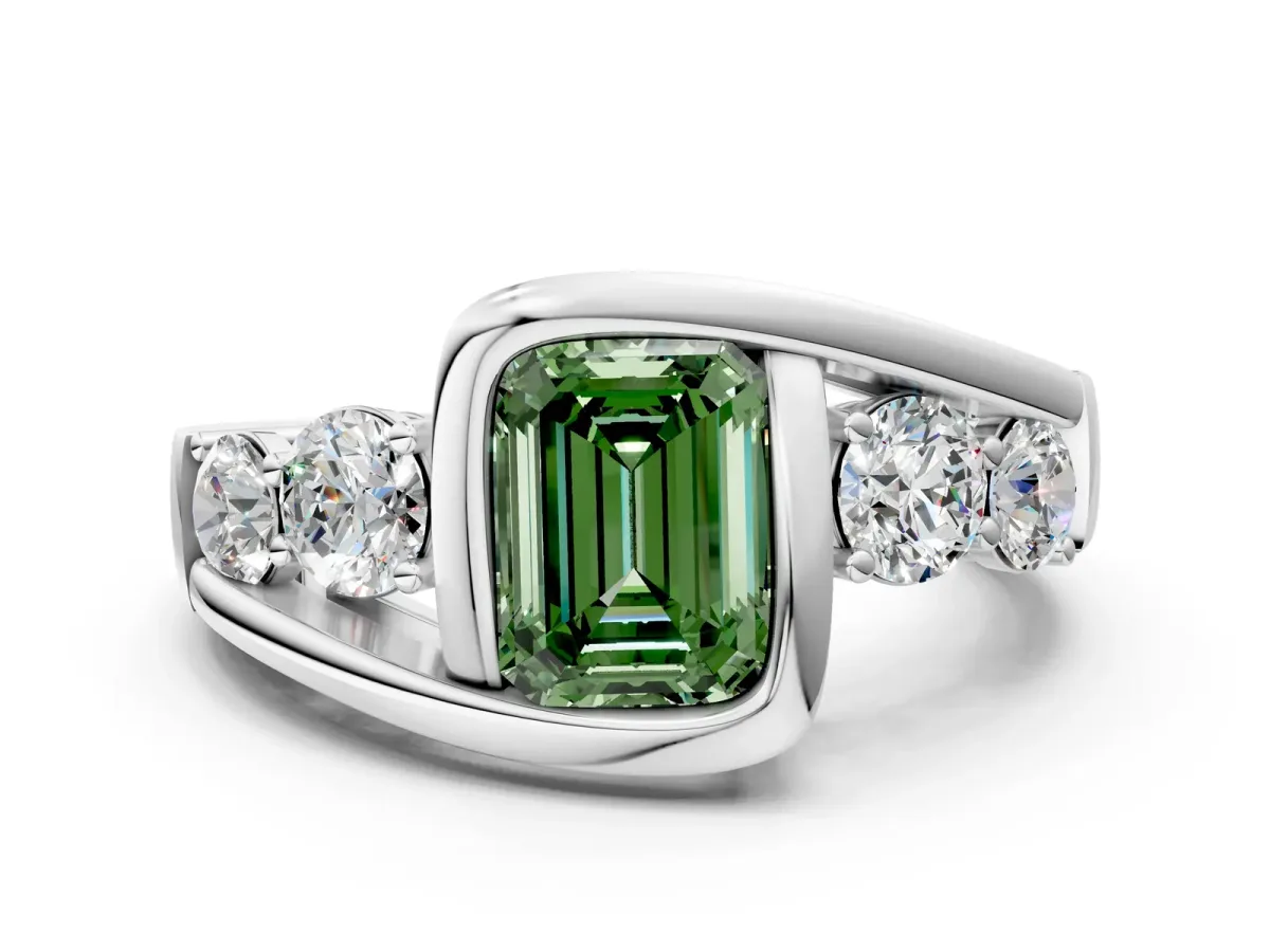 Fancy Green Bezel Set Emerald Cut Diamond Bypass Ring with Round Accents Platinum