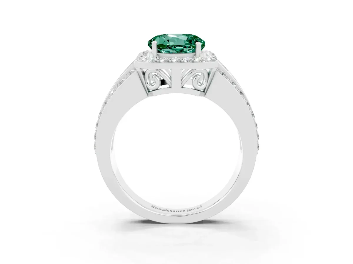 Round Cut Halo Green Sapphire Ring with Round Split Shank and Prong Setting Silver