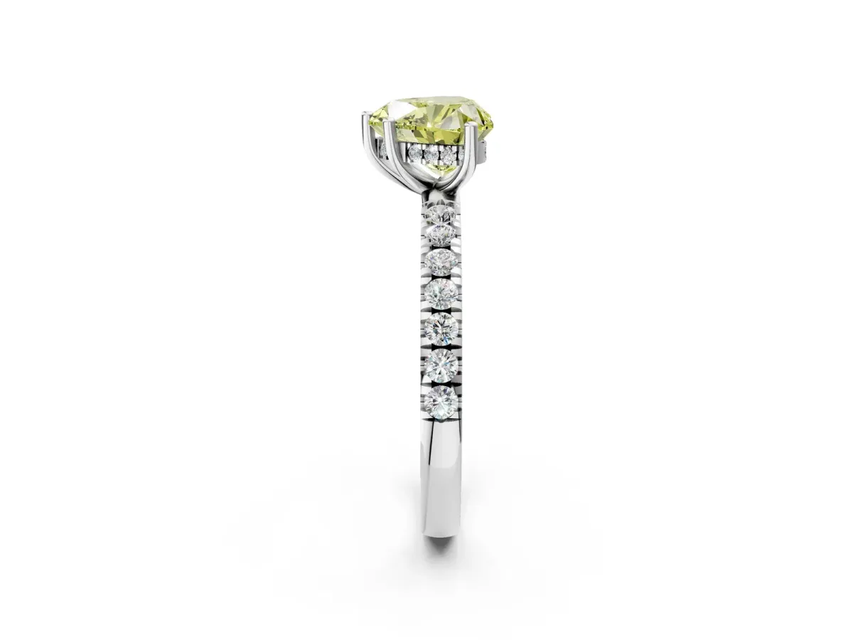 Fancy Yellow Heart Cut Diamond Pave Band Solitaire Ring with Round and Prong Setting Silver