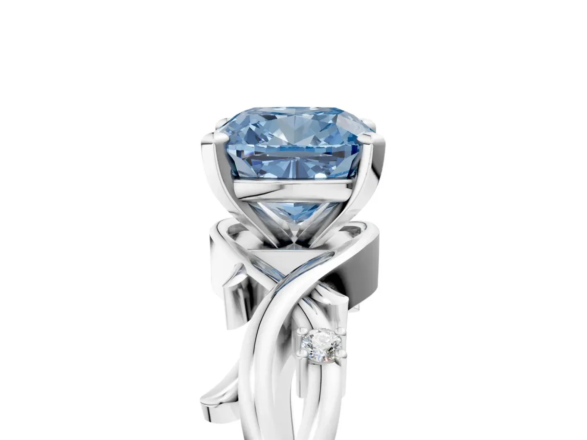 Fancy Blue Cushion Cut Diamond Solitaire Ring with Twisted Band and Prong Setting Platinum