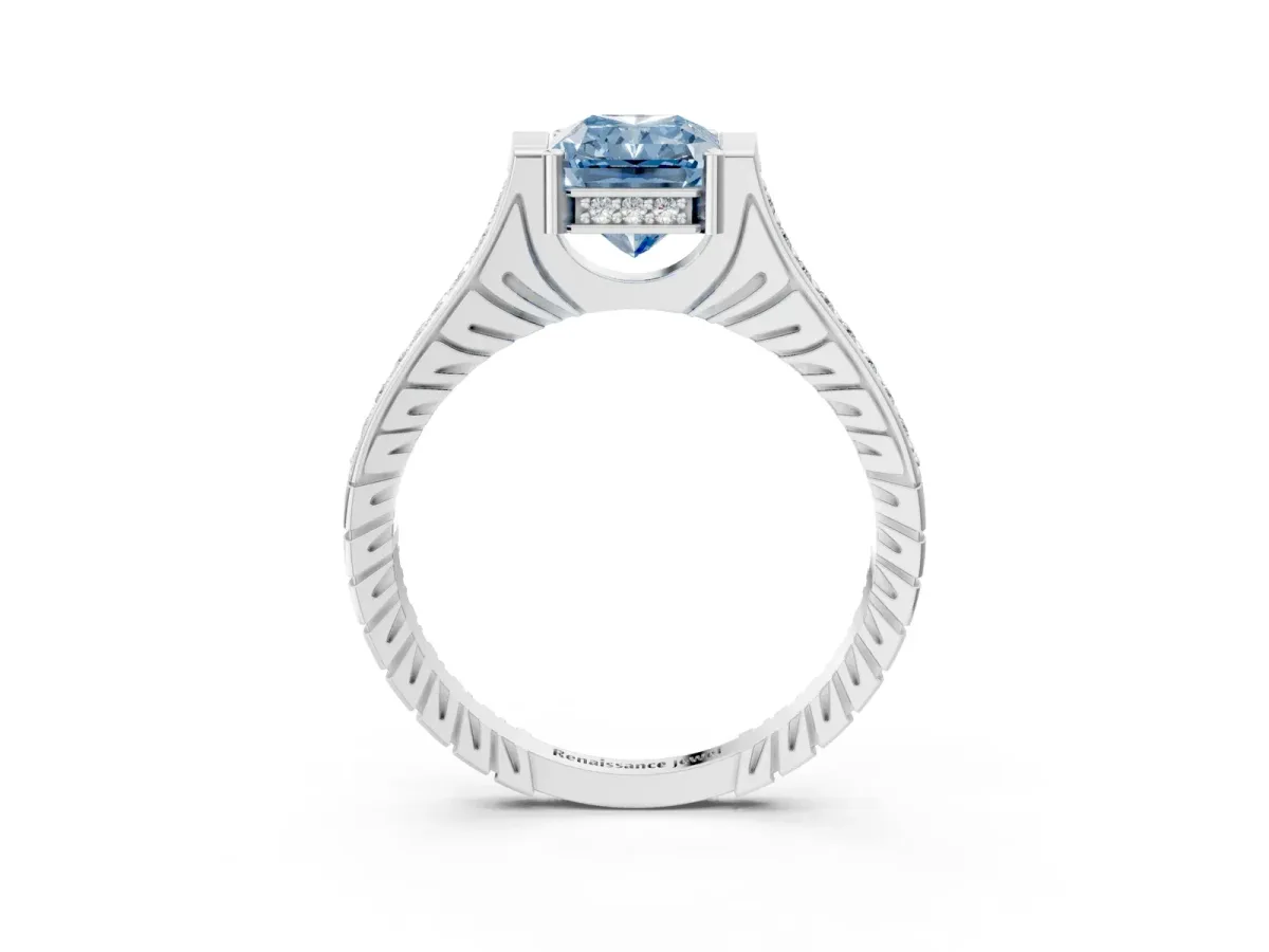 Fancy Blue Radiant Cut Solitaire Diamond Ring with Channel Set Band and Bezel Prong Setting Platinum