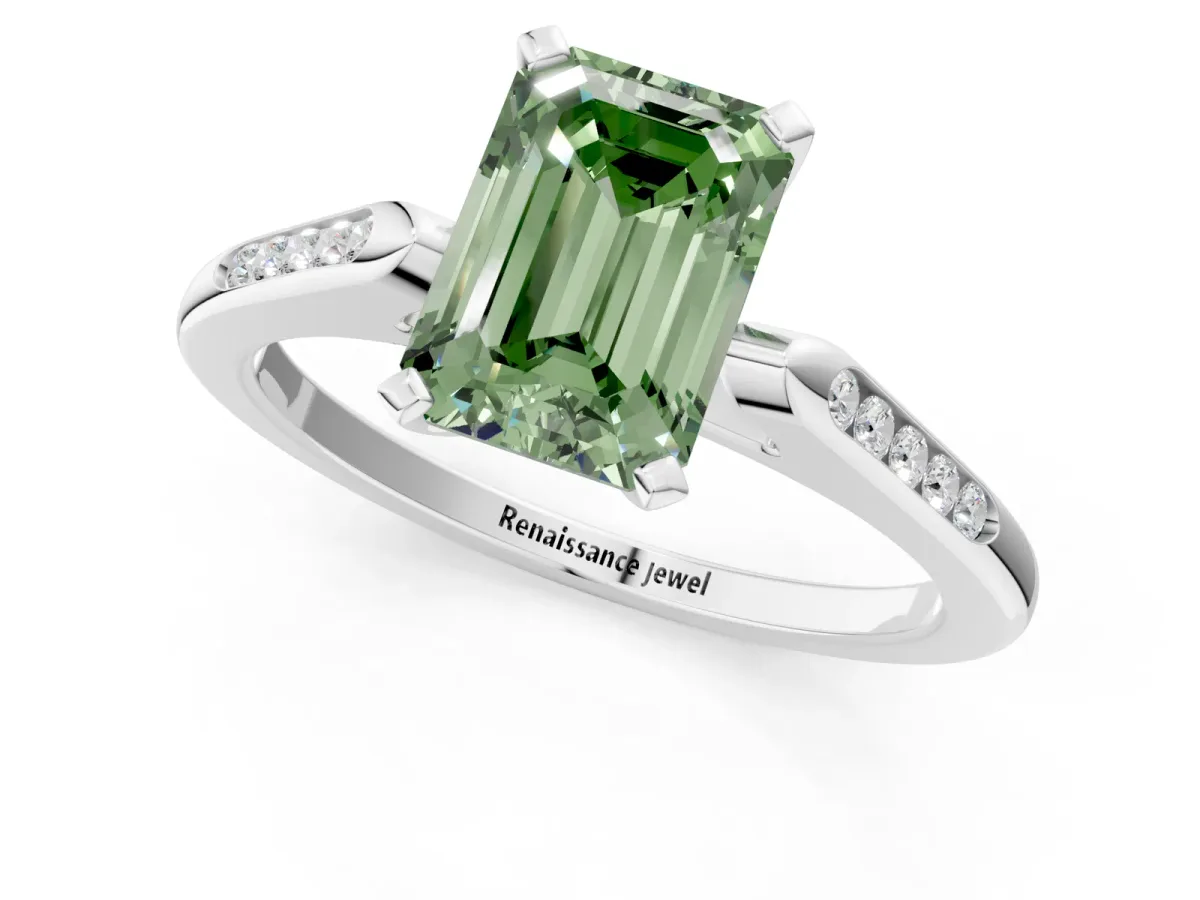 Fancy Green Emerald Cut Diamond Solitaire Ring with Channel Set Round Band and Prong Setting Silver