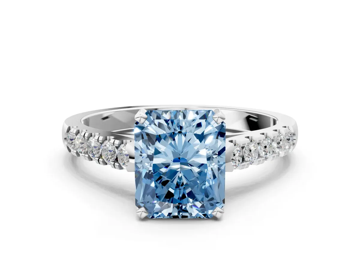 Fancy Blue Radiant Cut Diamond Pavé Band Solitaire Ring with Prong Setting Platinum