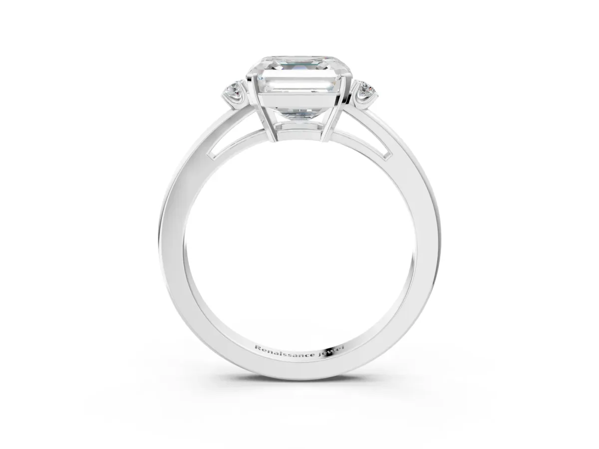 Asscher Cut Cut Three-Stone Solitaire Ring with Round Accent Diamonds and Four-Prong Setting Platinum