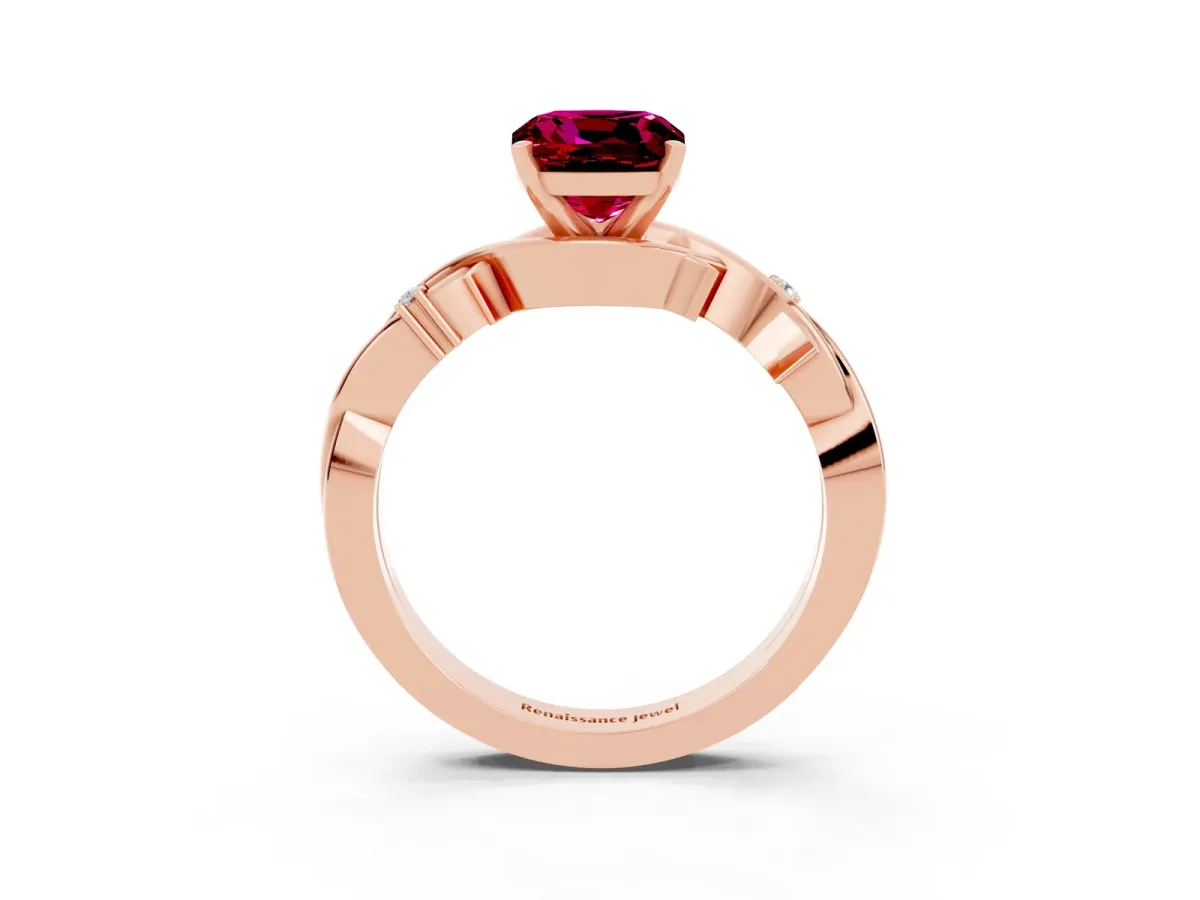 Cushion Cut Garnet Solitaire Ring with Twisted Band and Prong Setting Rose gold