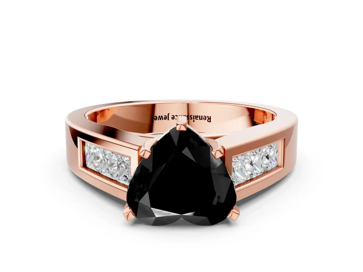 Fancy Black Heart Cut Cut Channel Set Solitaire Ring with Four-Prong Setting Rose gold