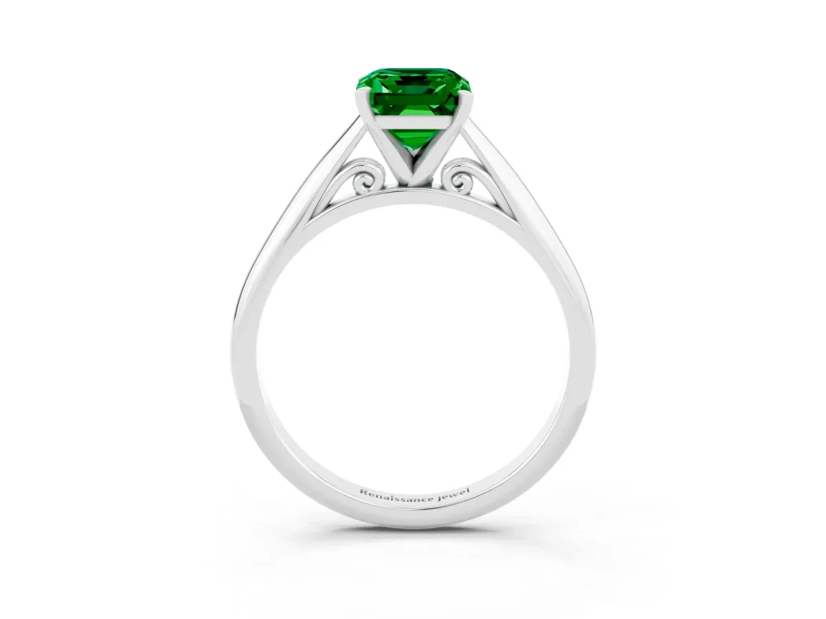 Emerald Cut Emerald Solitaire Engagement Ring with Cathedral Setting and Four-Prong Mount White gold