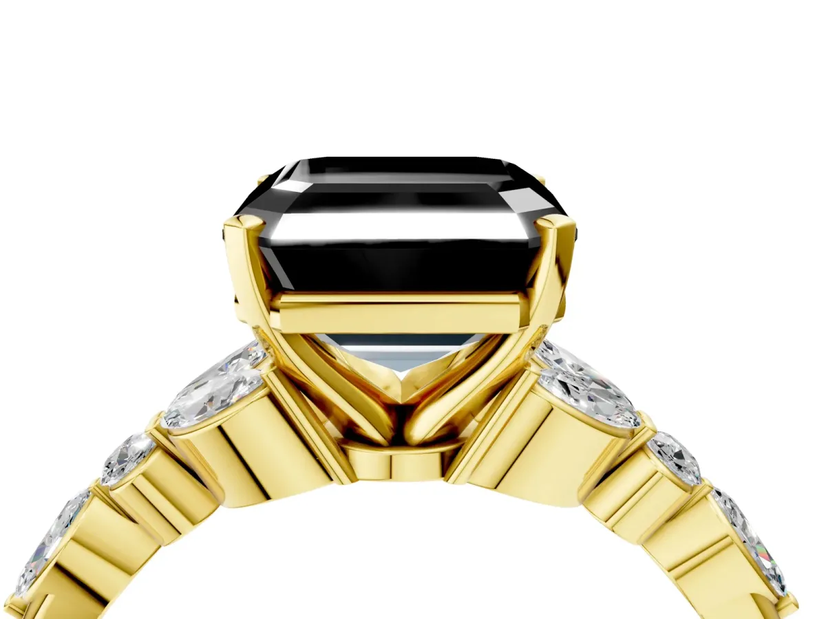 Fancy Black Asscher Cut Diamond Solitaire Ring with Side Stones and Four-Prong Setting Yellow gold