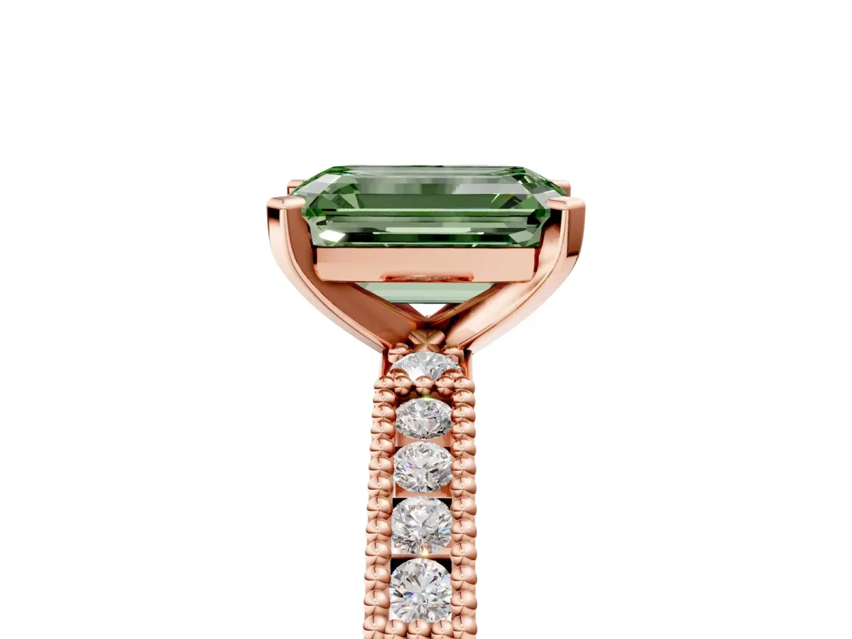 Fancy Green Emerald Cut Solitaire with Pavé Band and Four-Prong Setting Rose gold