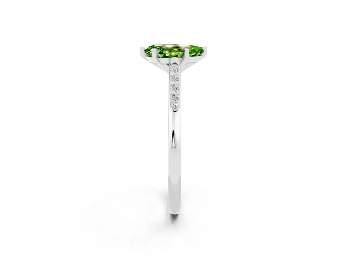 Pear Cut Peridot Solitaire Ring with Channel Set Round Band and Prong Setting Silver