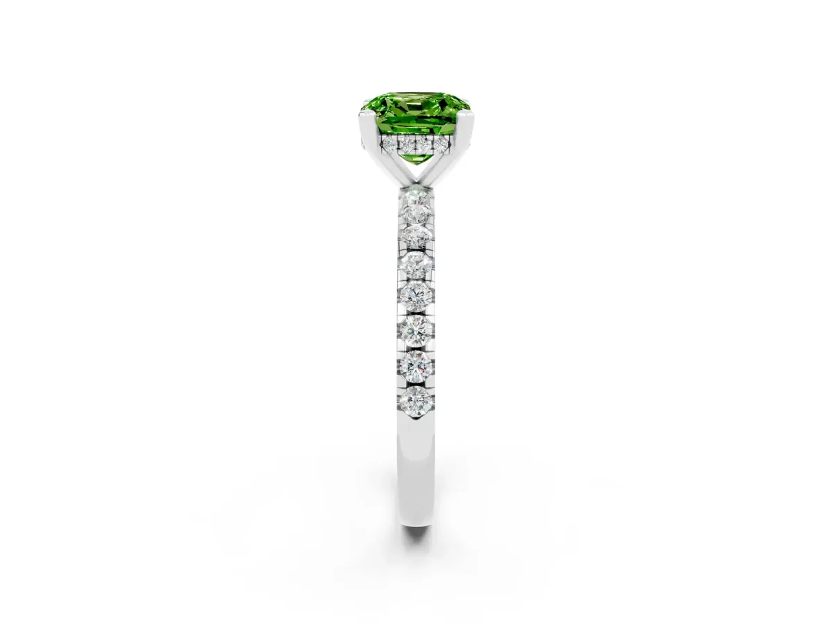 Cushion Cut Peridot Solitaire Ring with Round Pavé Band and Four-Prong Setting Silver
